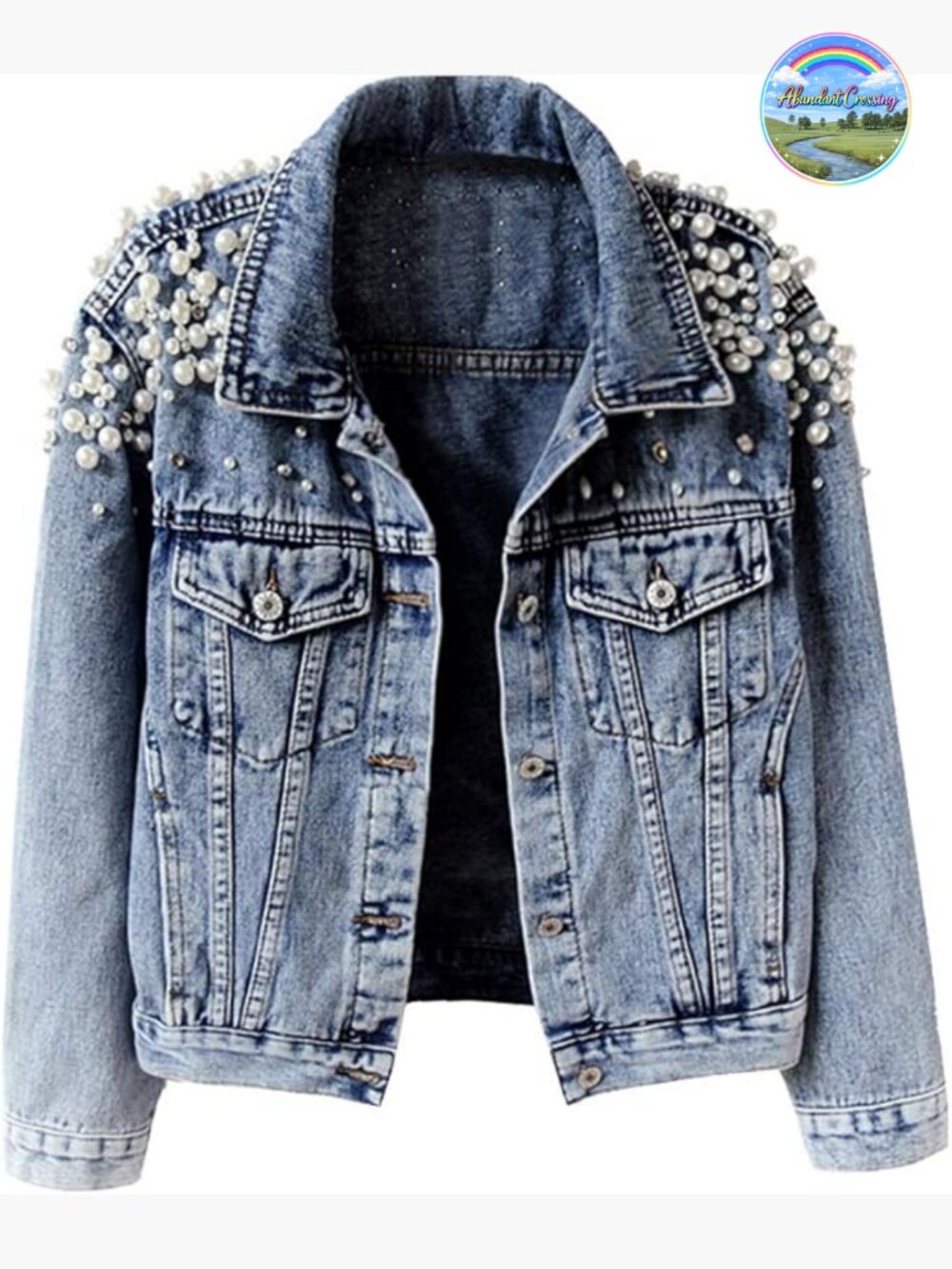 Vintage Loose Embroidered Pearls Beading Cropped Denim Jacket Jean Coat